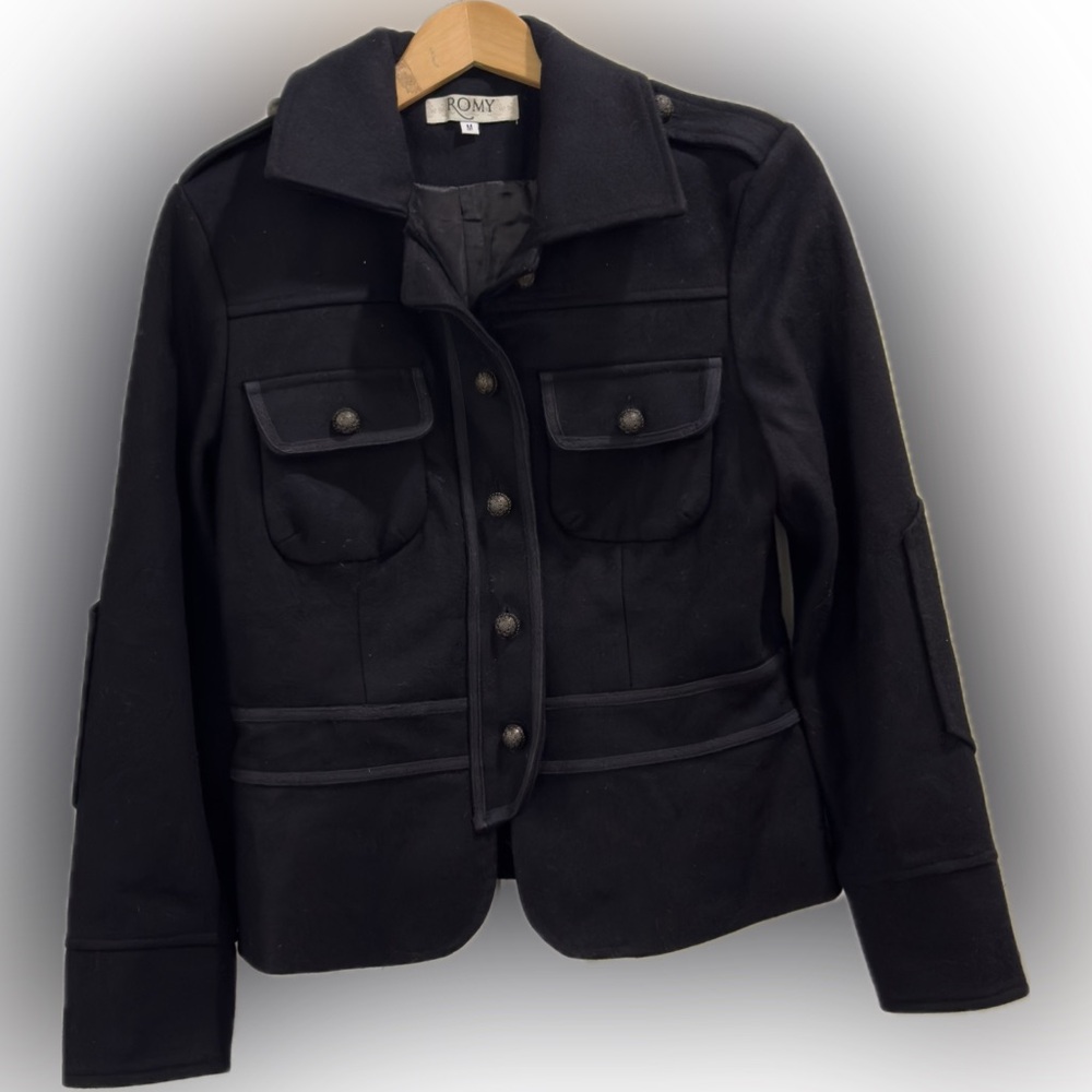 Romy Wool Black Button Down Black Military Jacket size medium